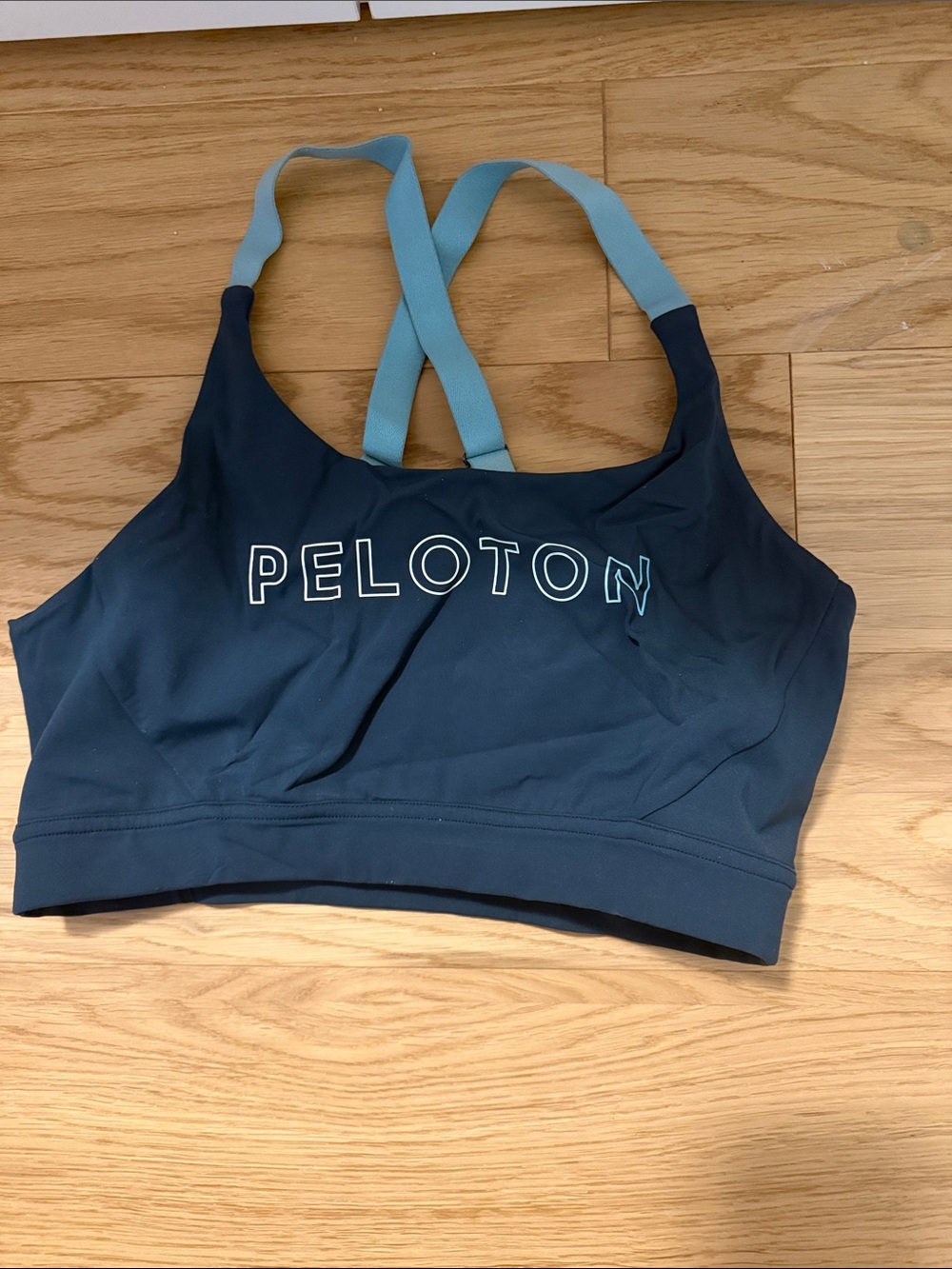 Peloton Navy Sports Bra with Teal Crossback Straps